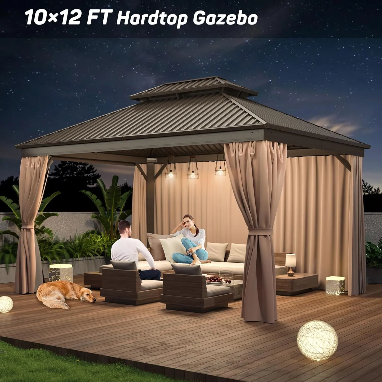 10X12 FT Hardtop Gazebo with Aluminum Frame, Galvanized Steel Double Roof Gazebo with Nettings and Curtains, Permanent Outdoor Metal Pavilion for Patio, Deck, Lawn and Garden