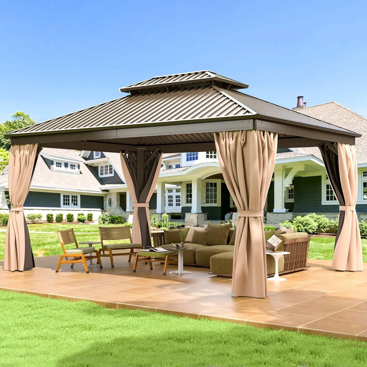 10X12 FT Hardtop Gazebo with Aluminum Frame, Galvanized Steel Double Roof Gazebo with Nettings and Curtains, Permanent Outdoor Metal Pavilion for Patio, Deck, Lawn and Garden