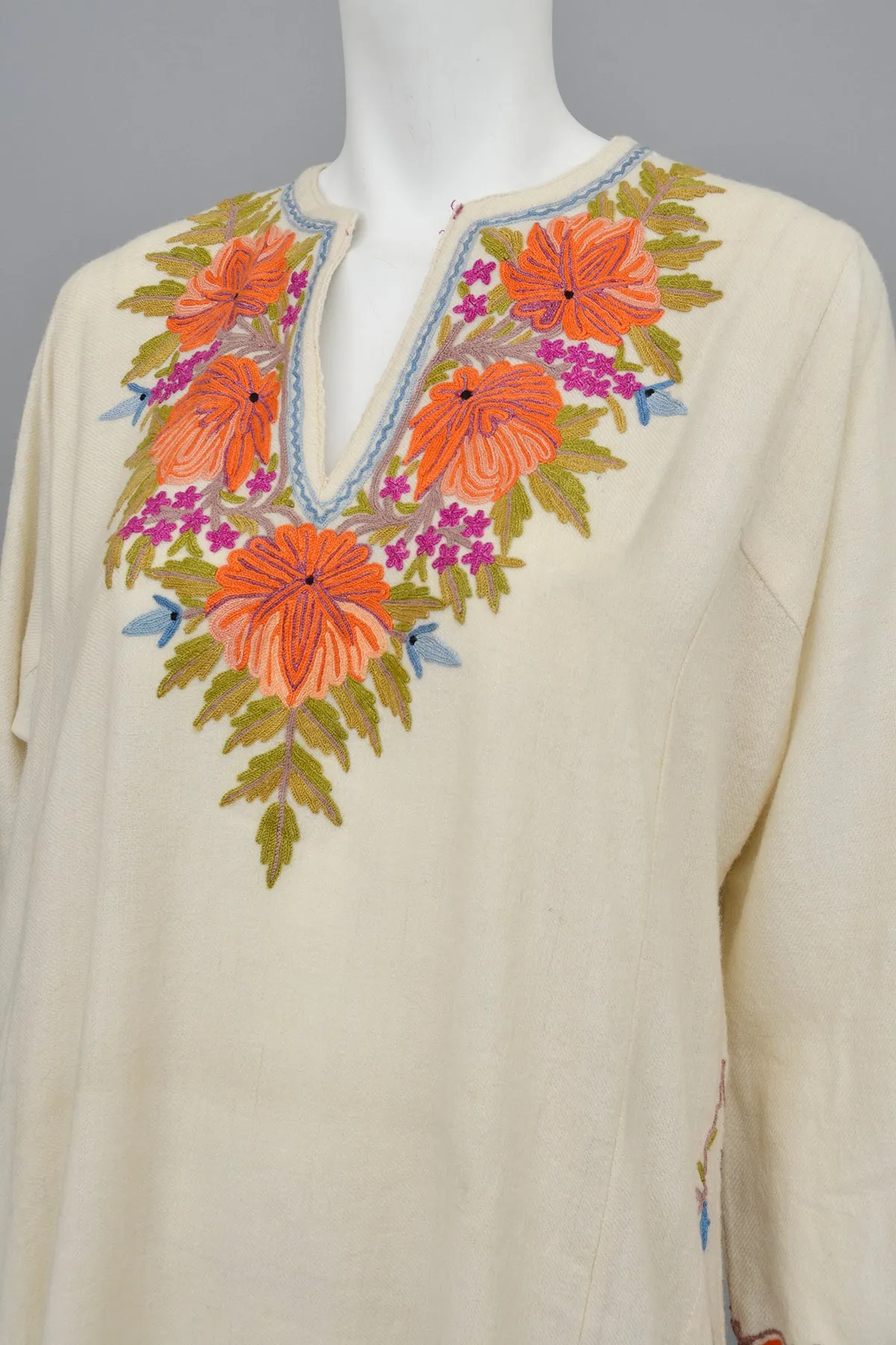 1970s Embroidered Off-White Wool Tunic Caftan Dress, Size L