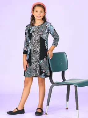 24seven Comfort Apparel Black Multiprint Knee Length Girls Fall Dress