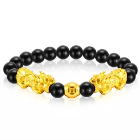 999 Gold Double Pixiu with Black Agate Beads Bracelet