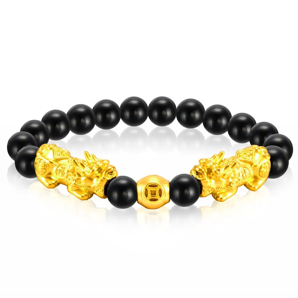 999 Gold Double Pixiu with Black Agate Beads Bracelet