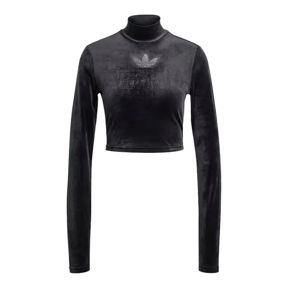 adidas Long Sleeve Rhinestone Trefoil Velvet Crop Top