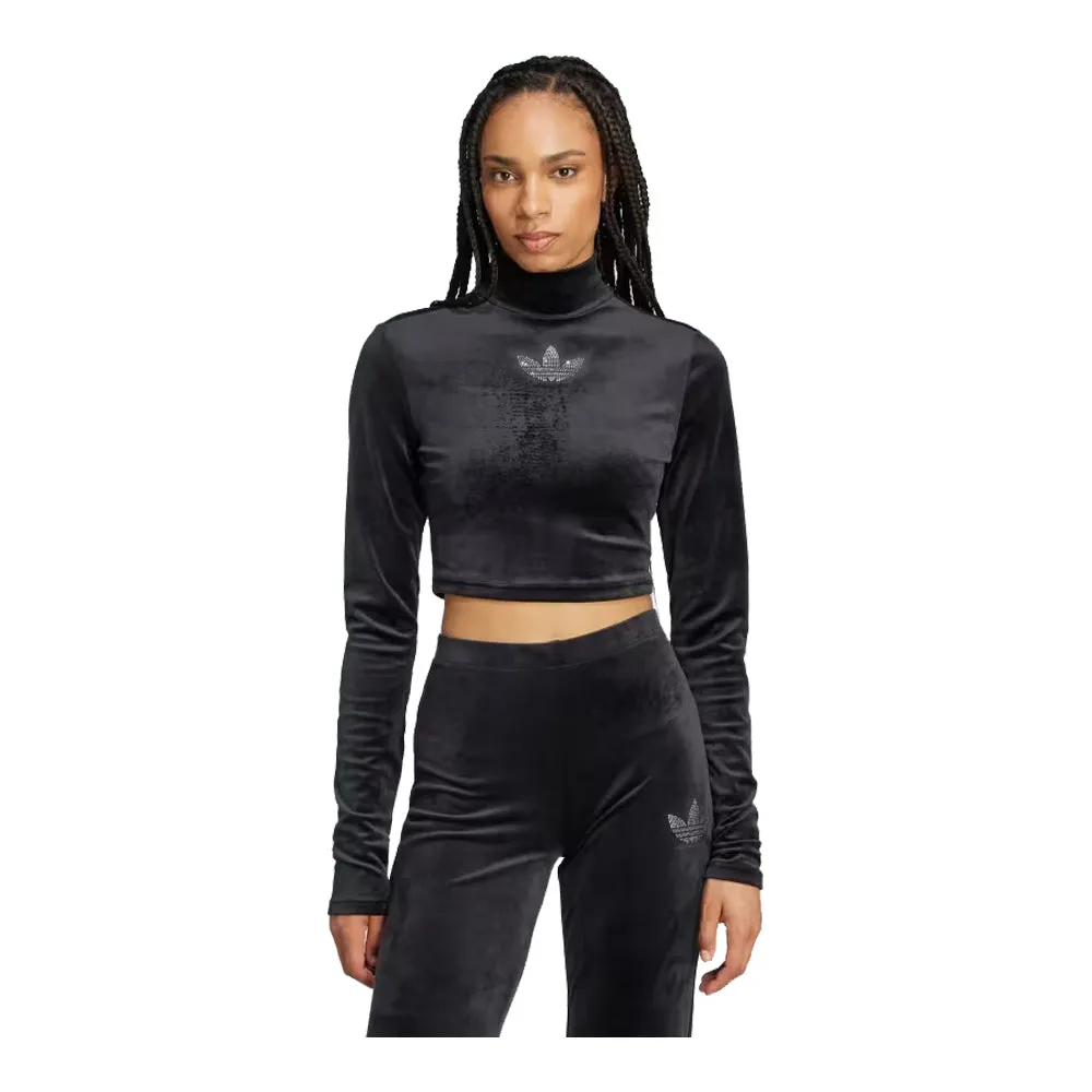 adidas Long Sleeve Rhinestone Trefoil Velvet Crop Top