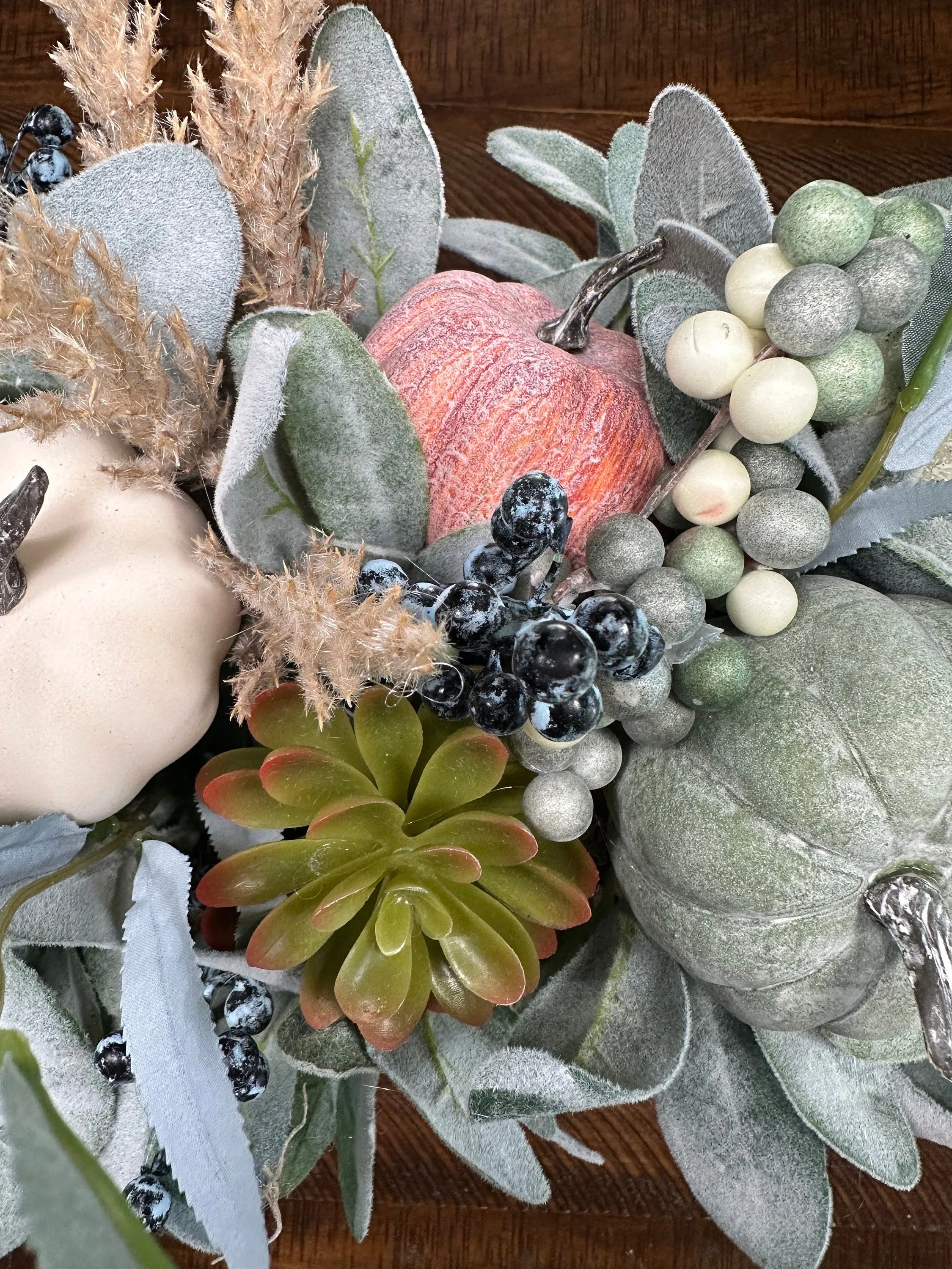 Autumn Harvest Lamb's Ear and Pumpkin Rustic Arrangement