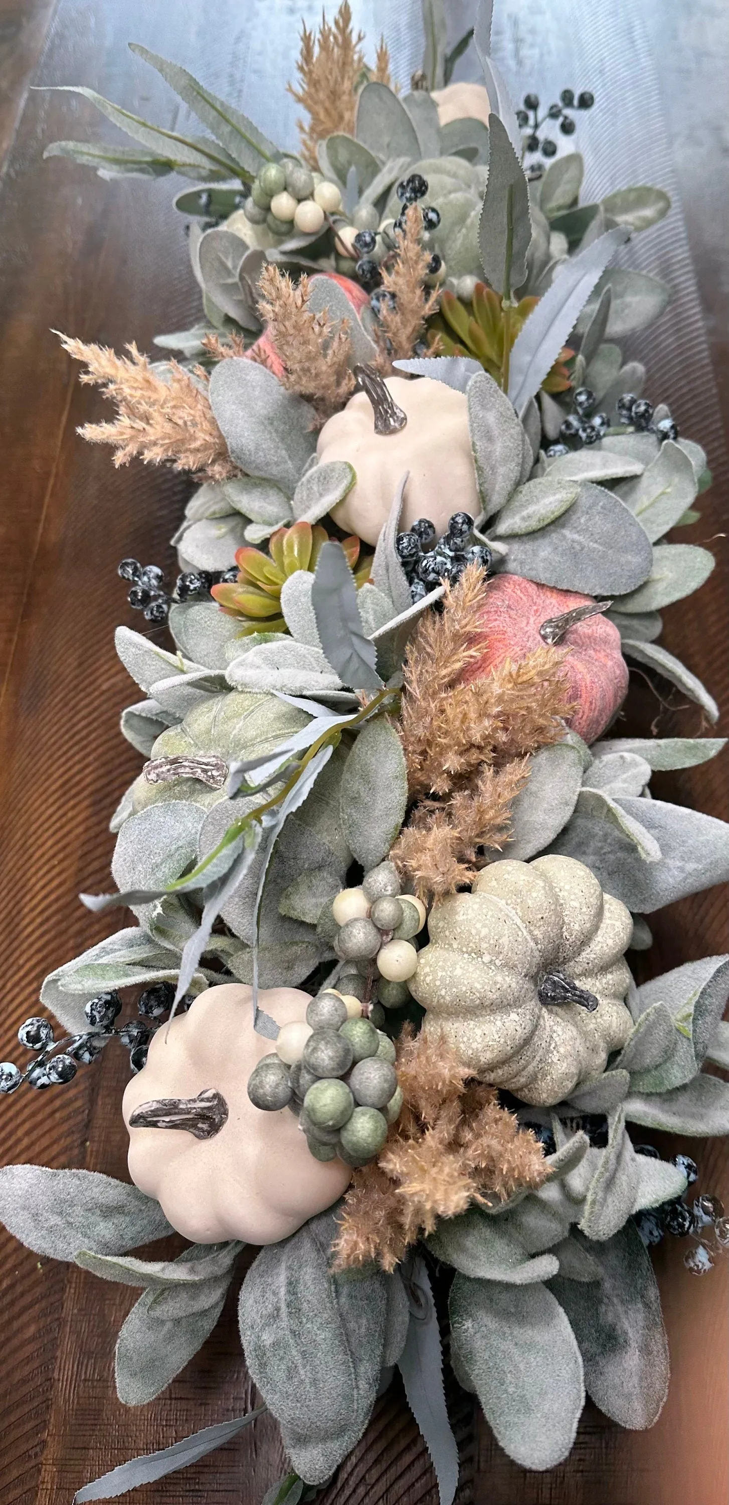 Autumn Harvest Lamb's Ear and Pumpkin Rustic Arrangement