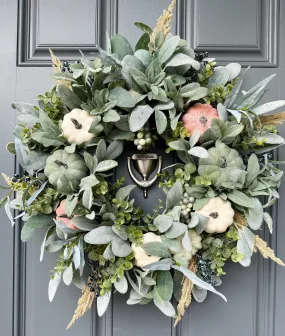 Autumn Harvest Lamb's Ear and Pumpkins Wreath