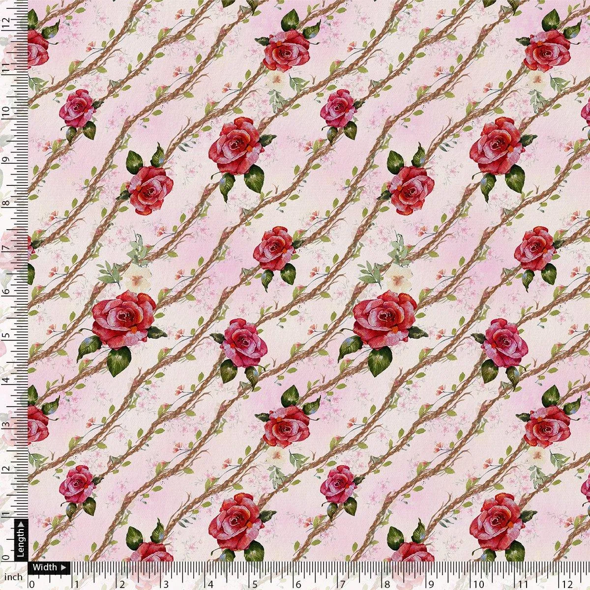 Autumnal Red Roses With Leaves Digital Printed Fabric