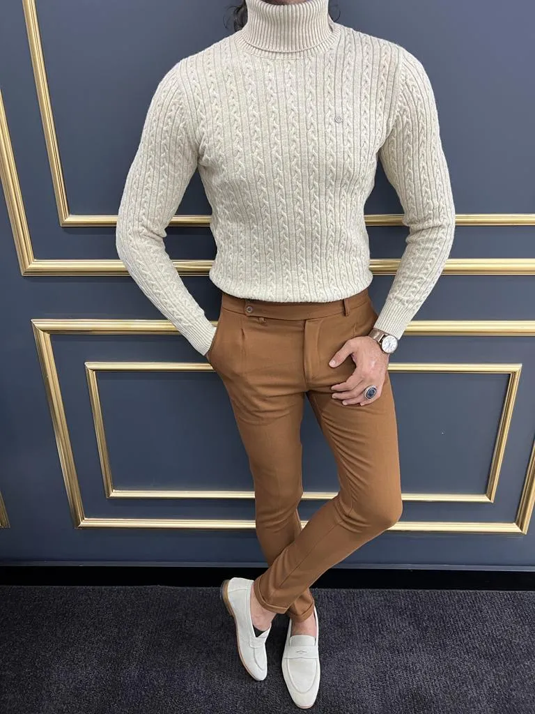 Beige Slim Fit Turtleneck Sweater for Men | GentWith.com