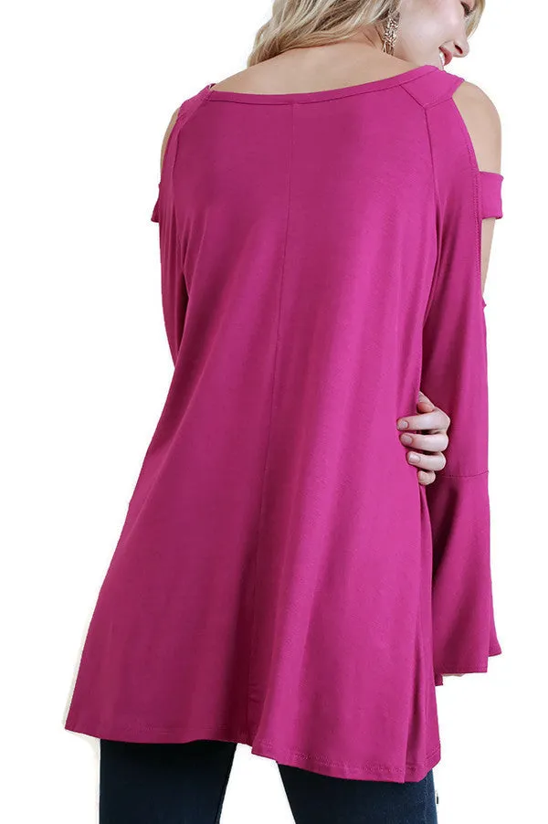 Bell Sleeve Tunic With Shoulder Cutouts, Raspberry