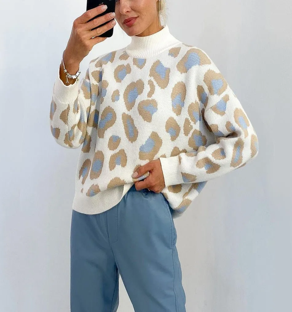 Bianca Leopard Print Turtleneck Oversize Jumper