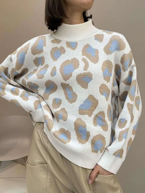 Bianca Leopard Print Turtleneck Oversize Jumper