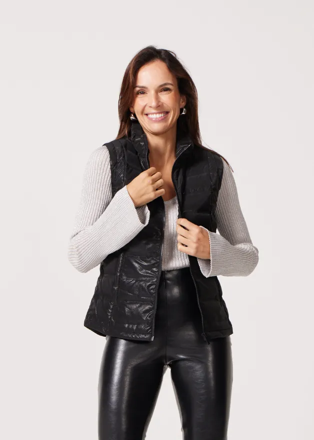 Black Leather Look Duck Down Puffer Vest