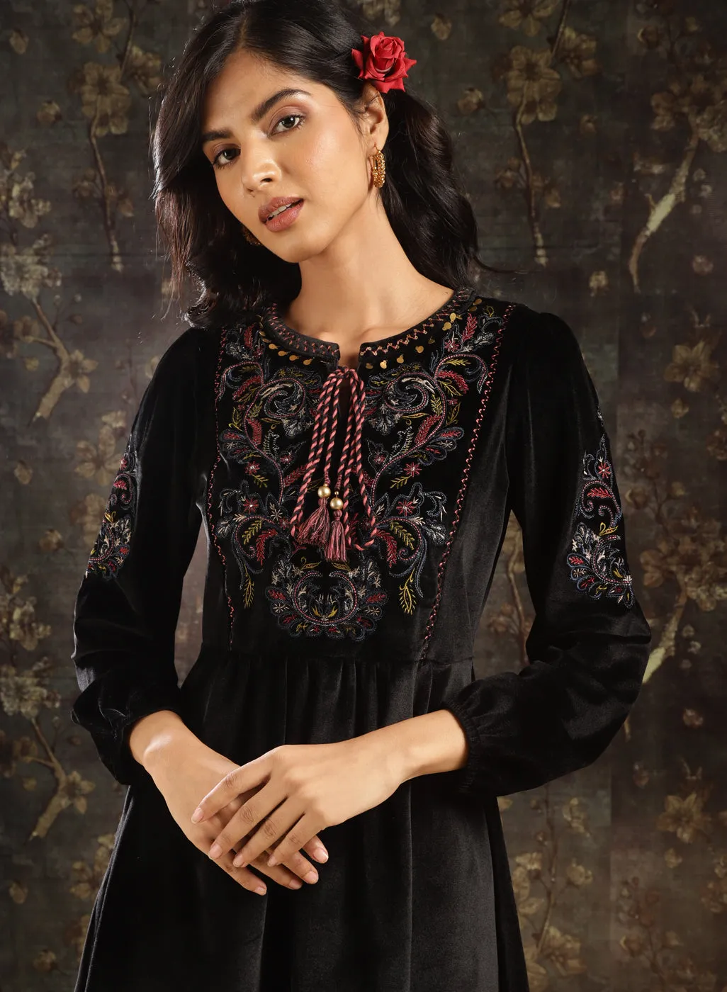 Black Velvet Tunic with Threadwork and Tassels