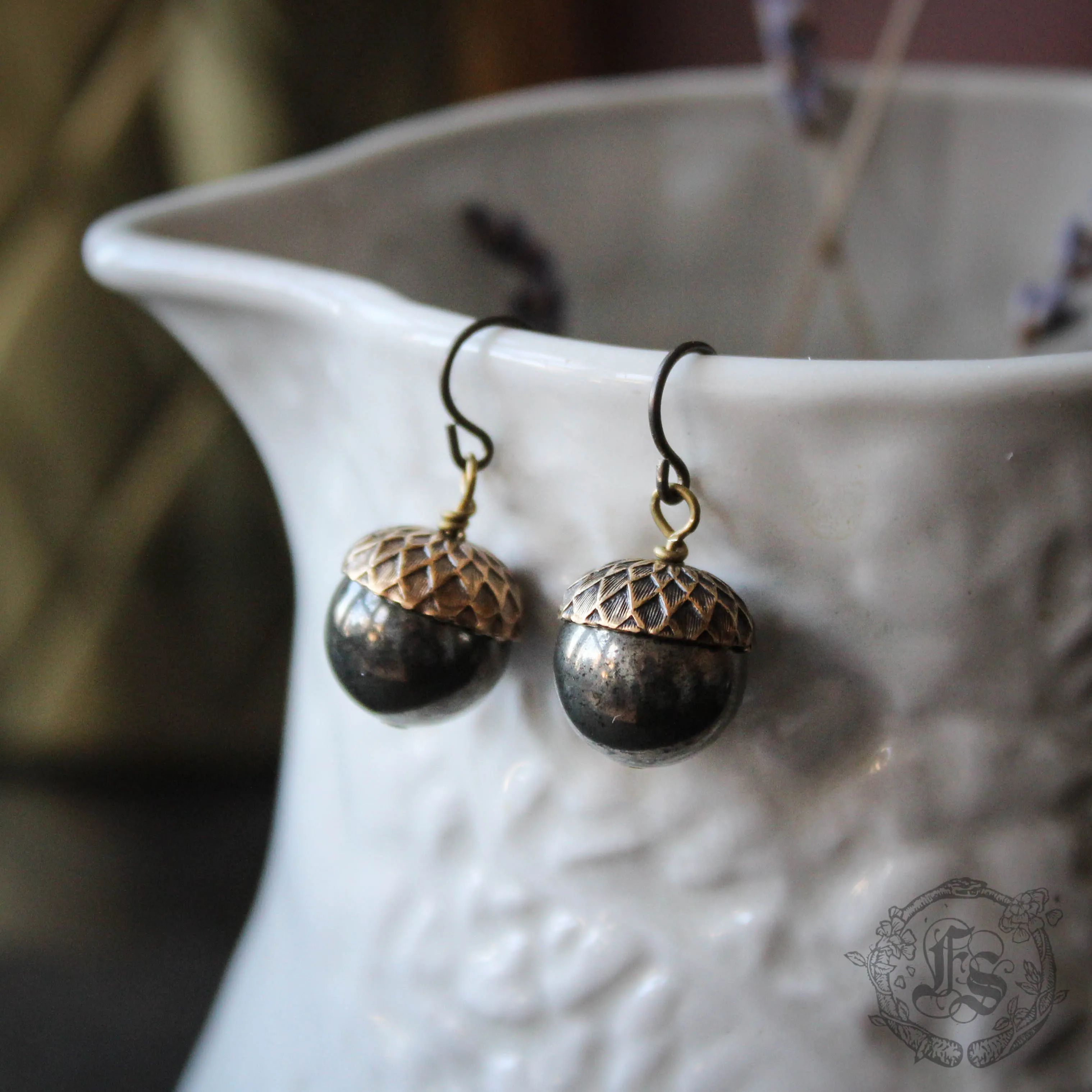 Brass and Pyrite Acorn Earrings