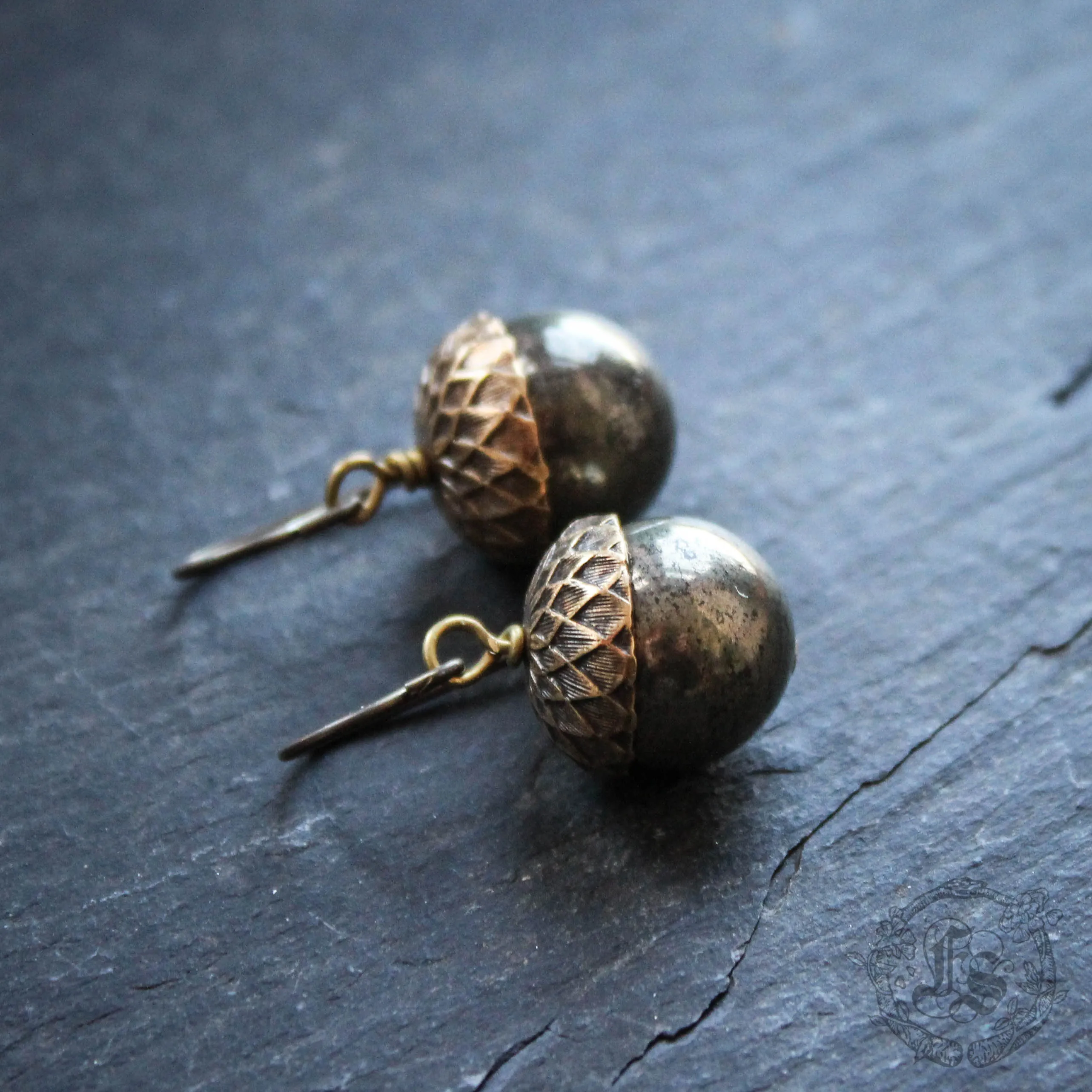 Brass and Pyrite Acorn Earrings