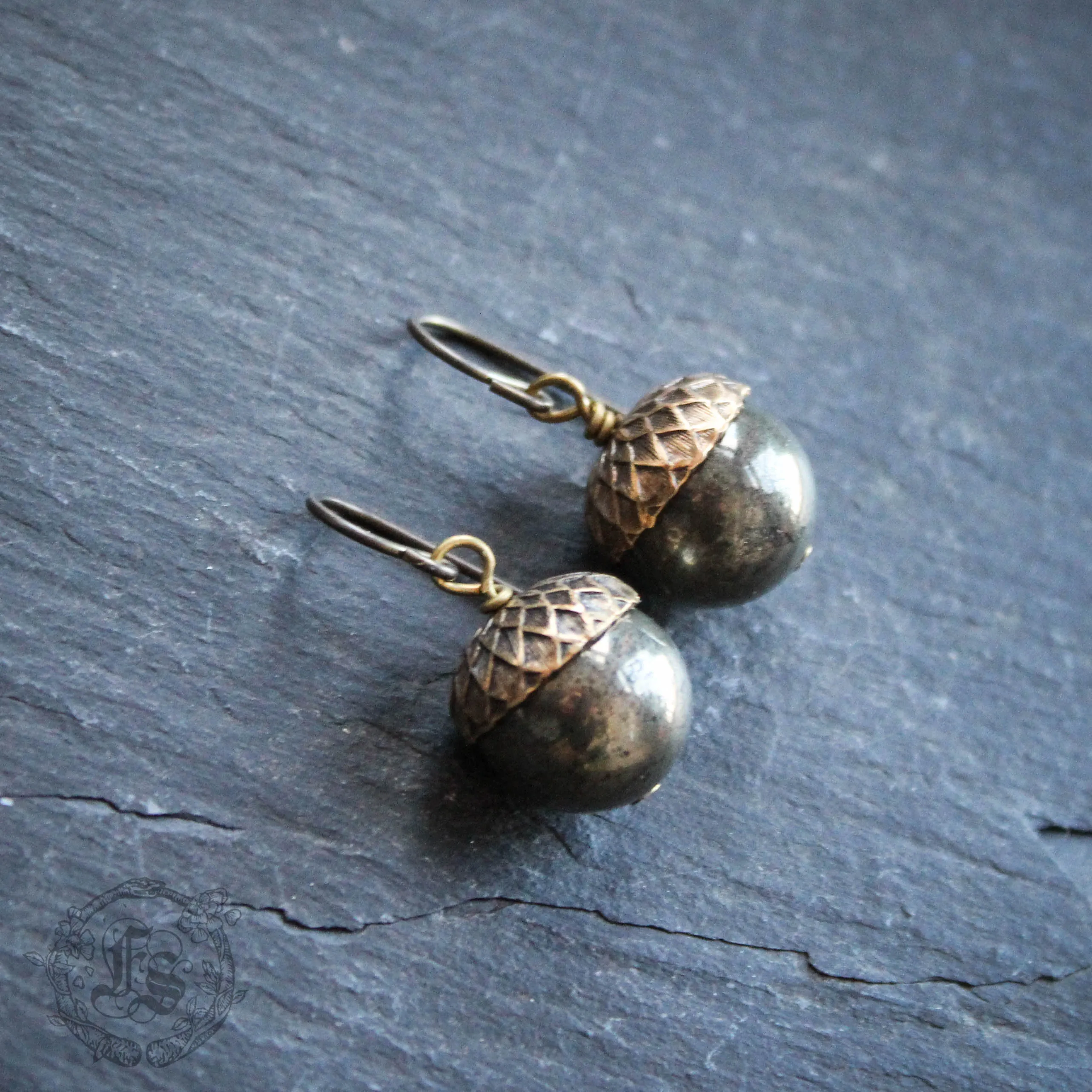 Brass and Pyrite Acorn Earrings