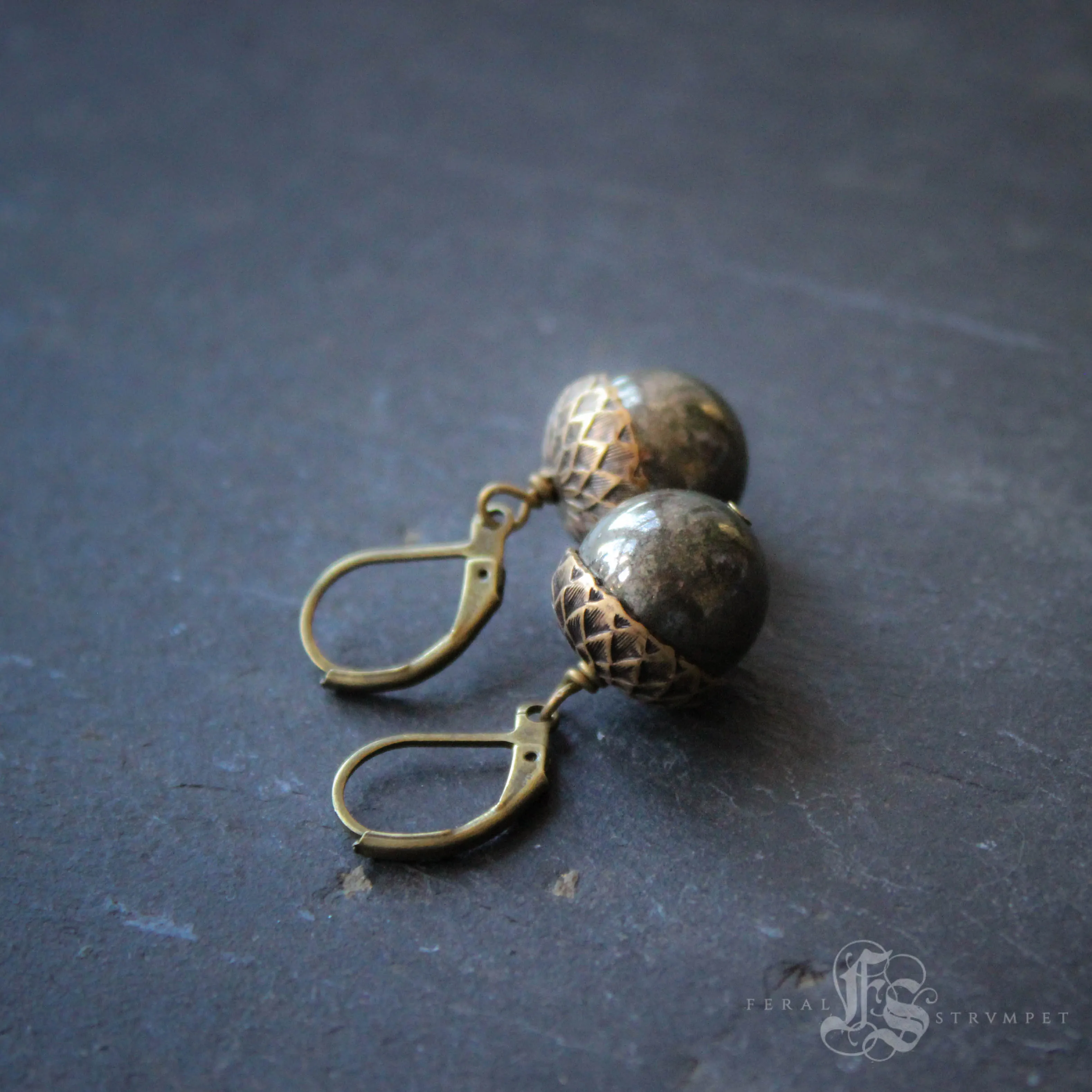 Brass and Pyrite Acorn Earrings