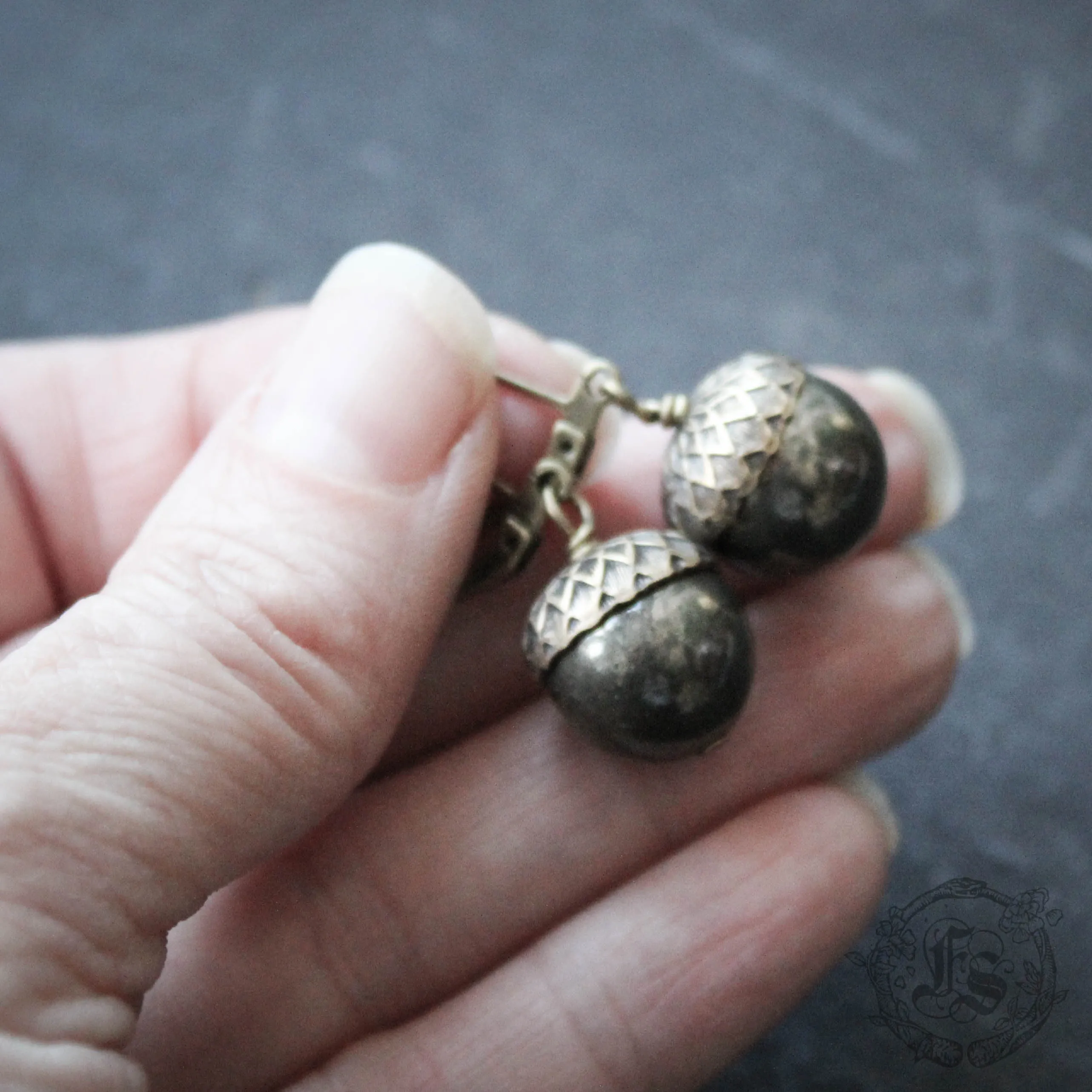 Brass and Pyrite Acorn Earrings