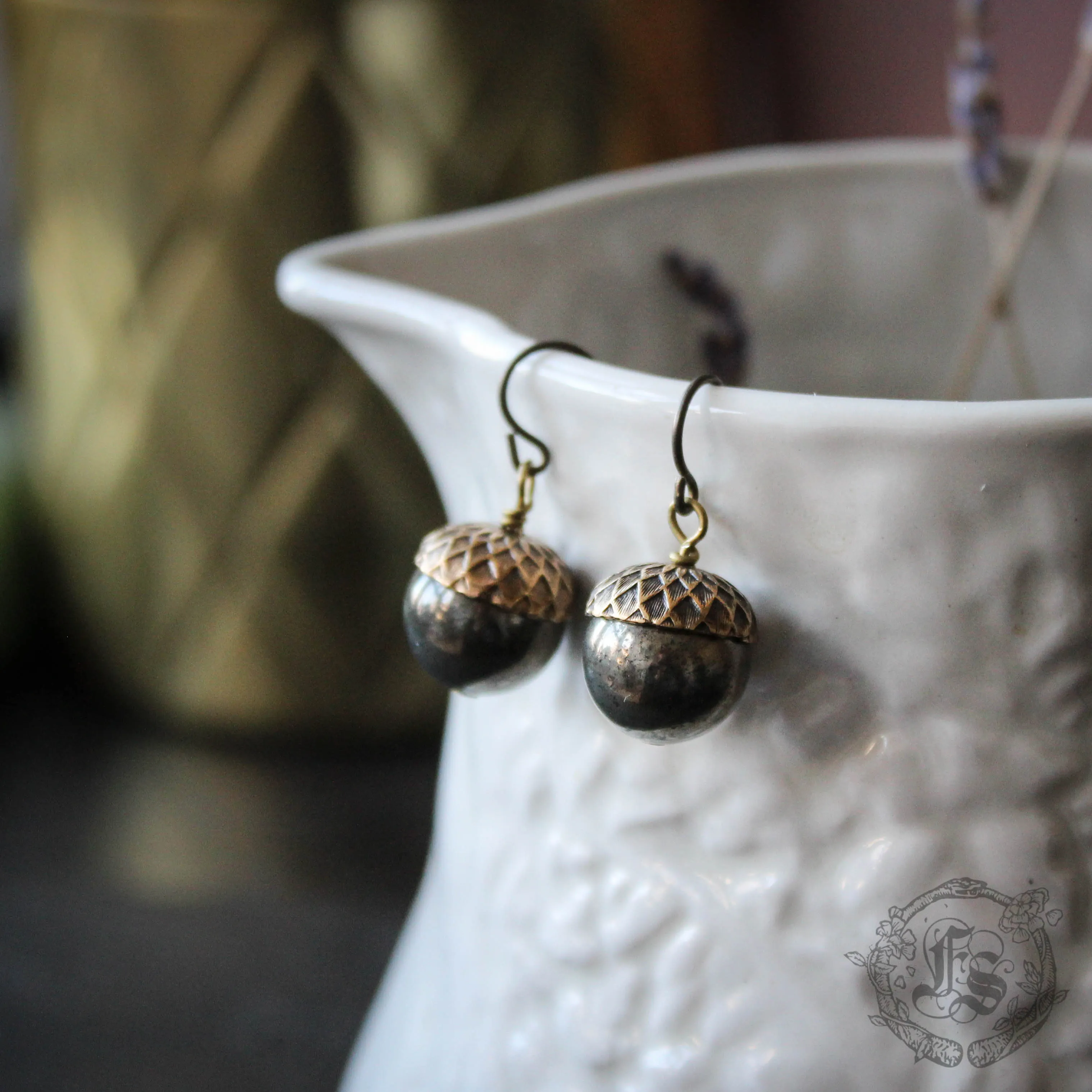 Brass and Pyrite Acorn Earrings