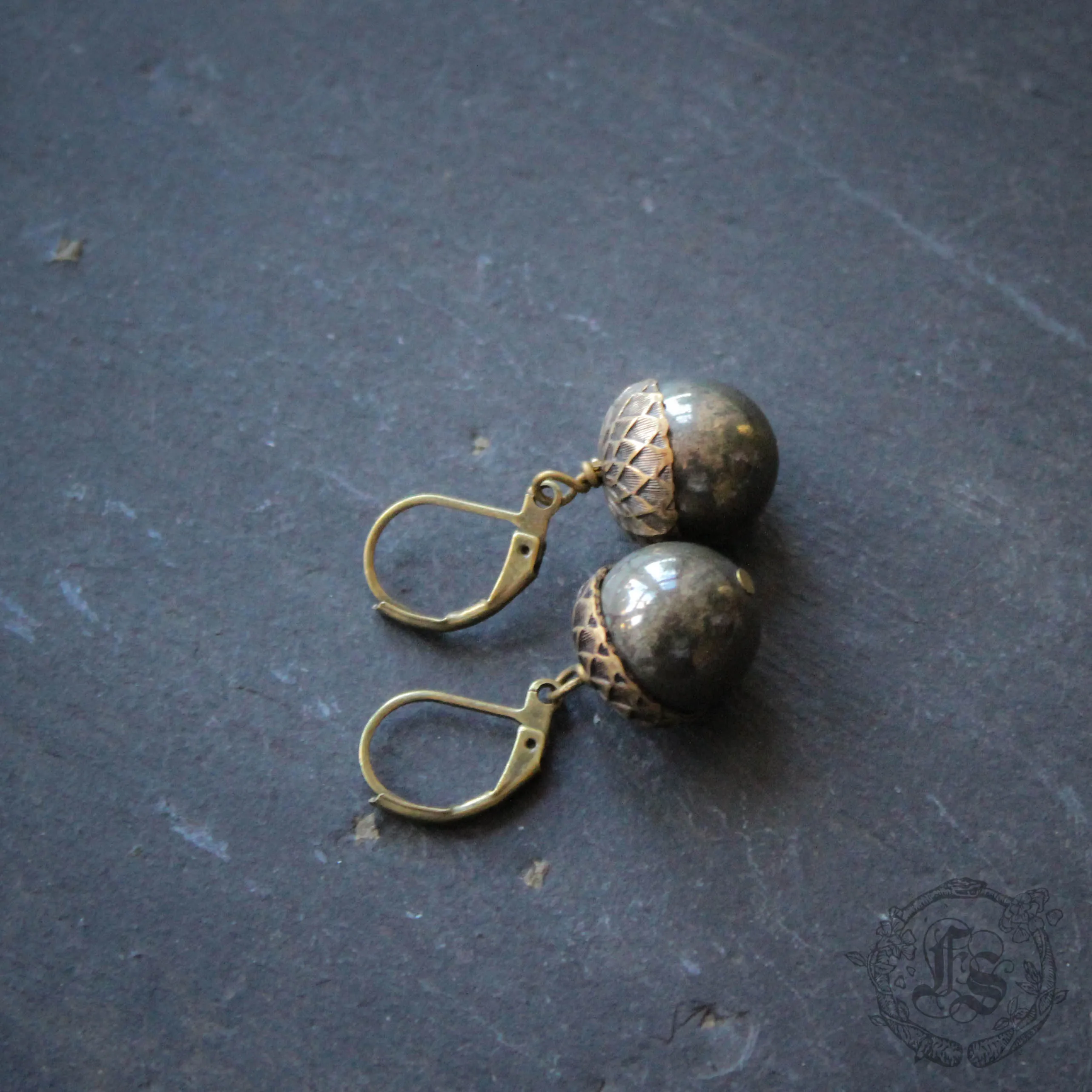 Brass and Pyrite Acorn Earrings