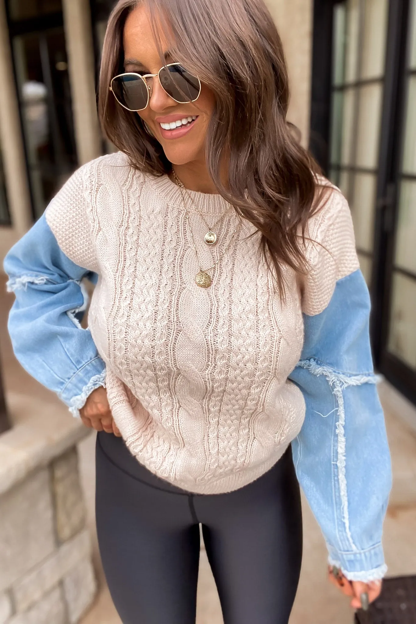 Cable Knit Sweater Chambray Frayed Top