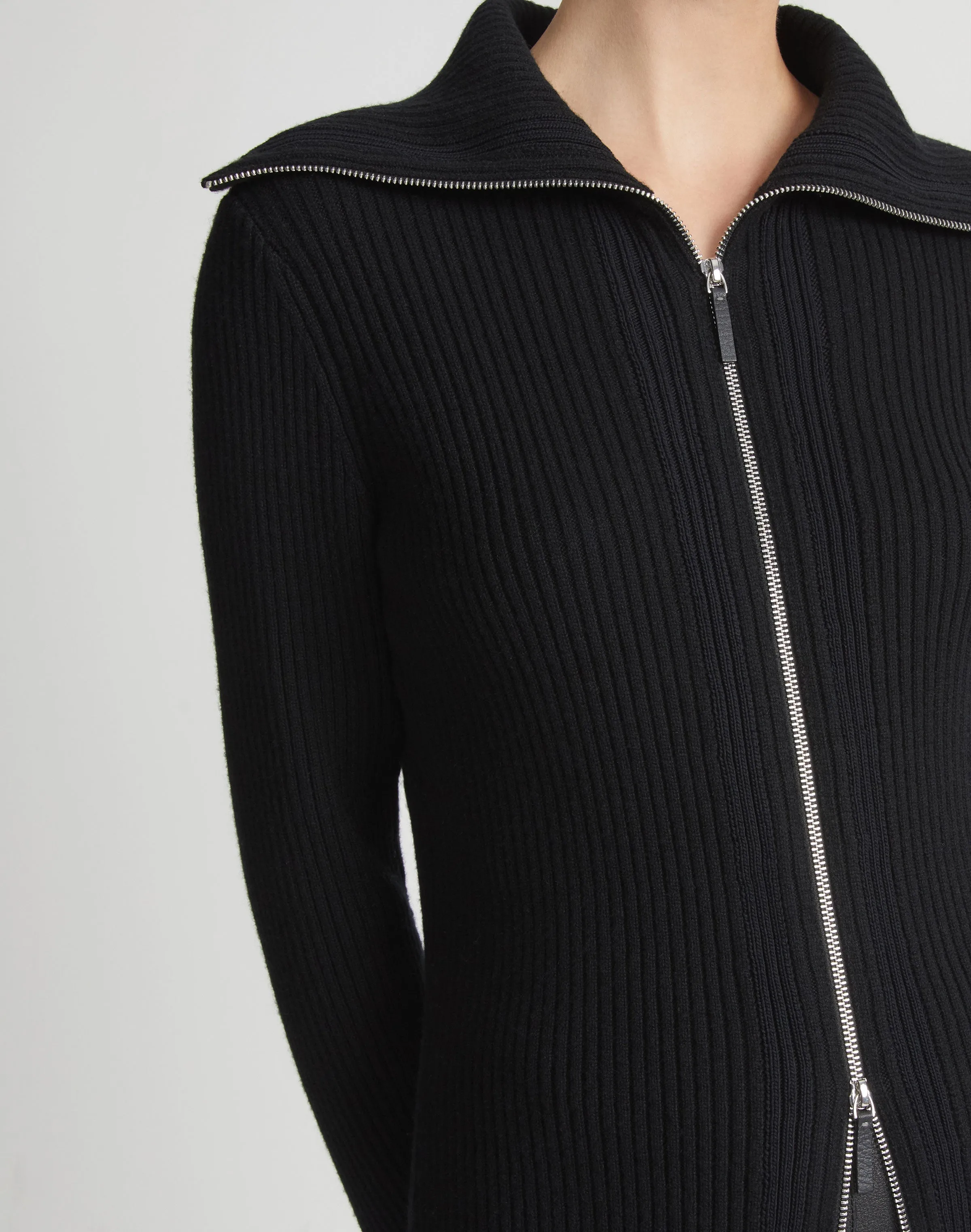 Cashmere Ribbed Split Collar Zip Front Cardigan