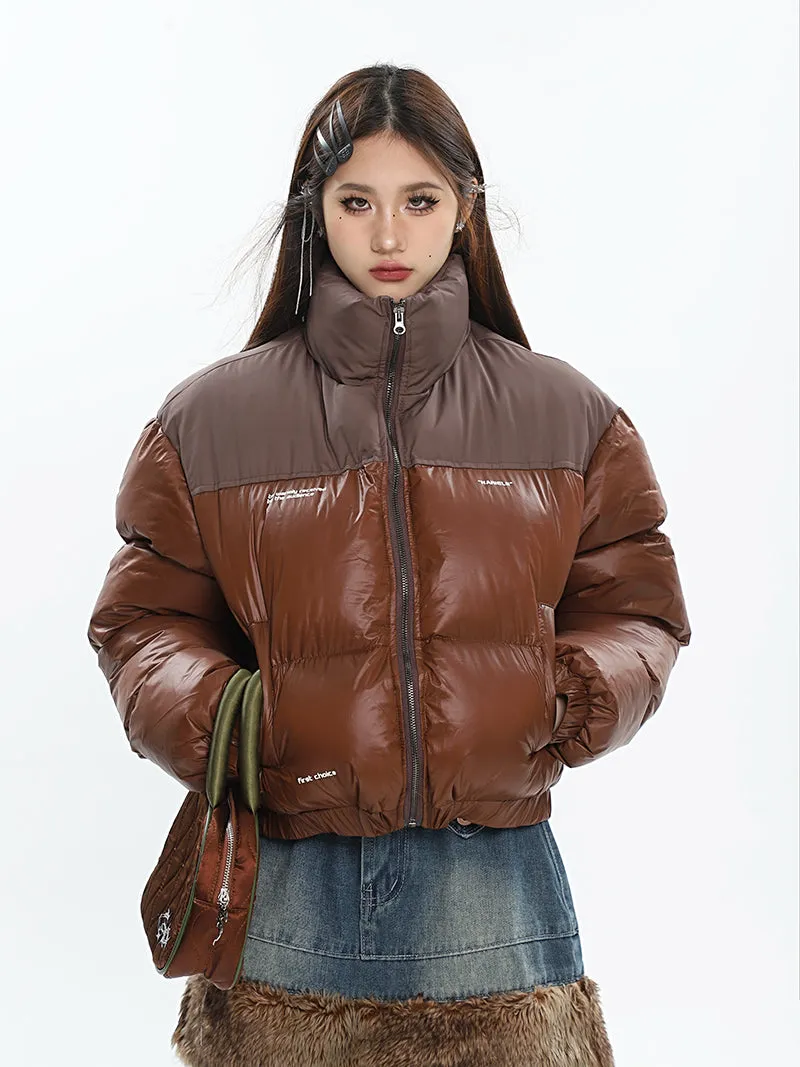 Catalina Solid Color Patchwork Faux Leather Long Sleeve Zip Up Turtleneck Puffer Jacket