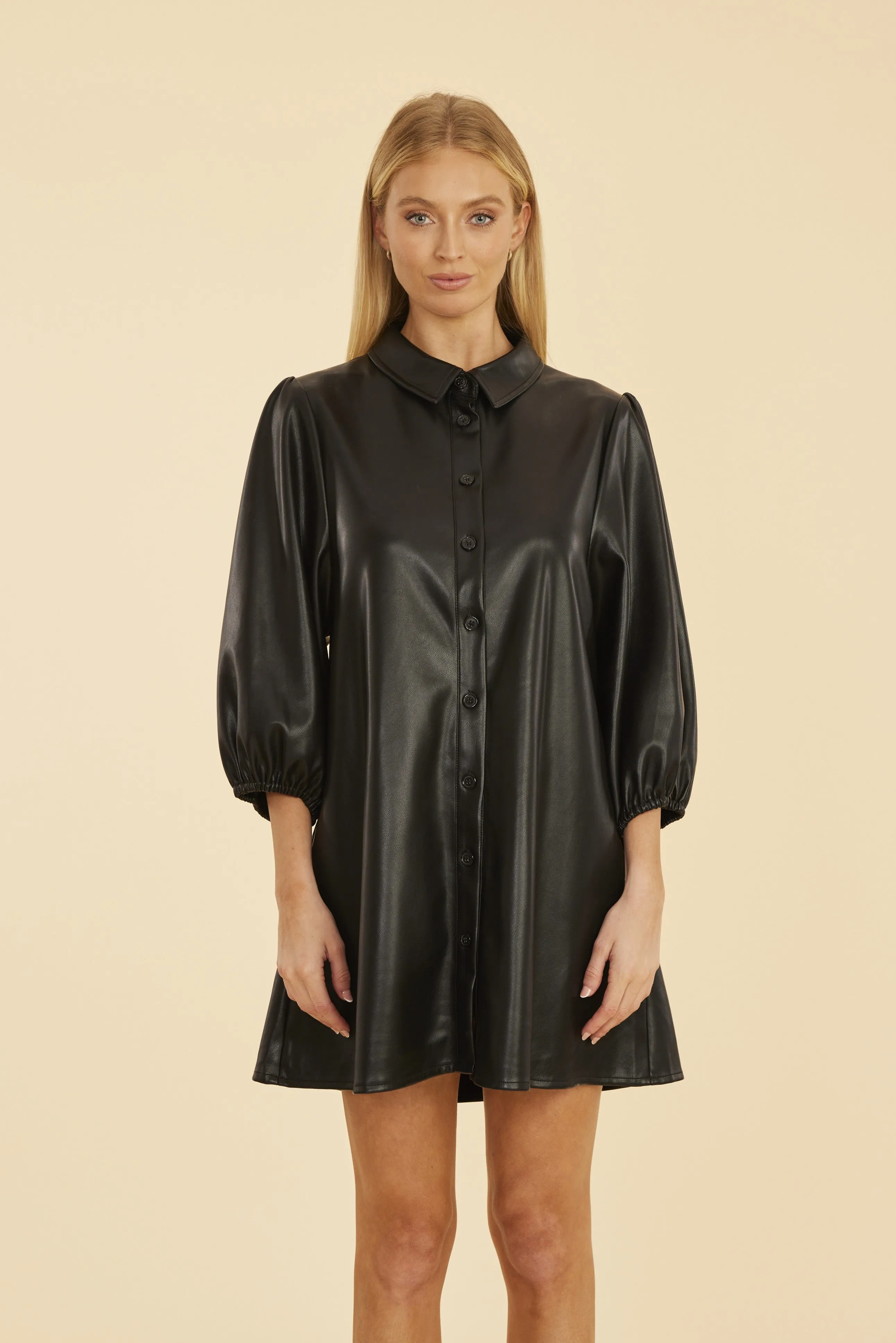 Classic Faux Leather Dress with Puff Sleeves