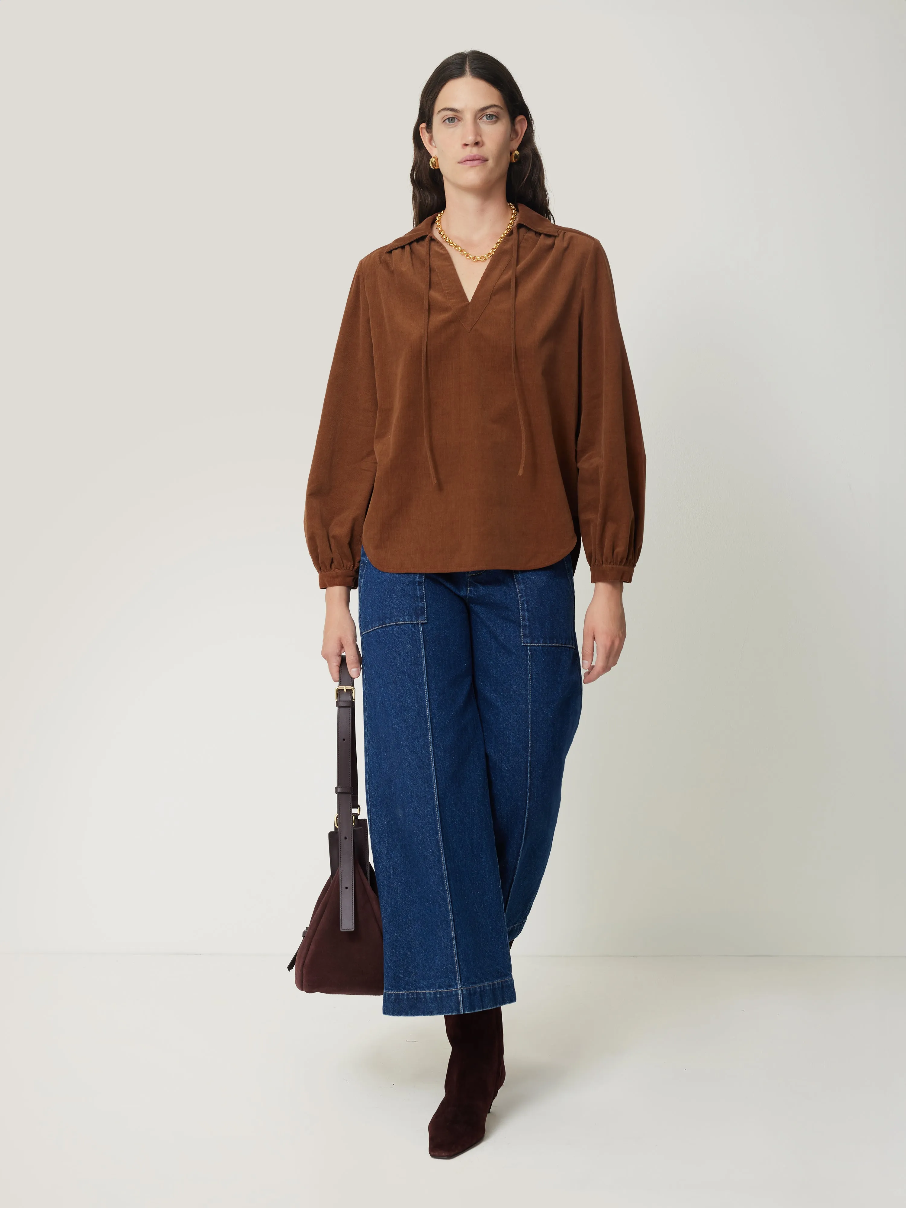 Corduroy V Neck Top | Brown