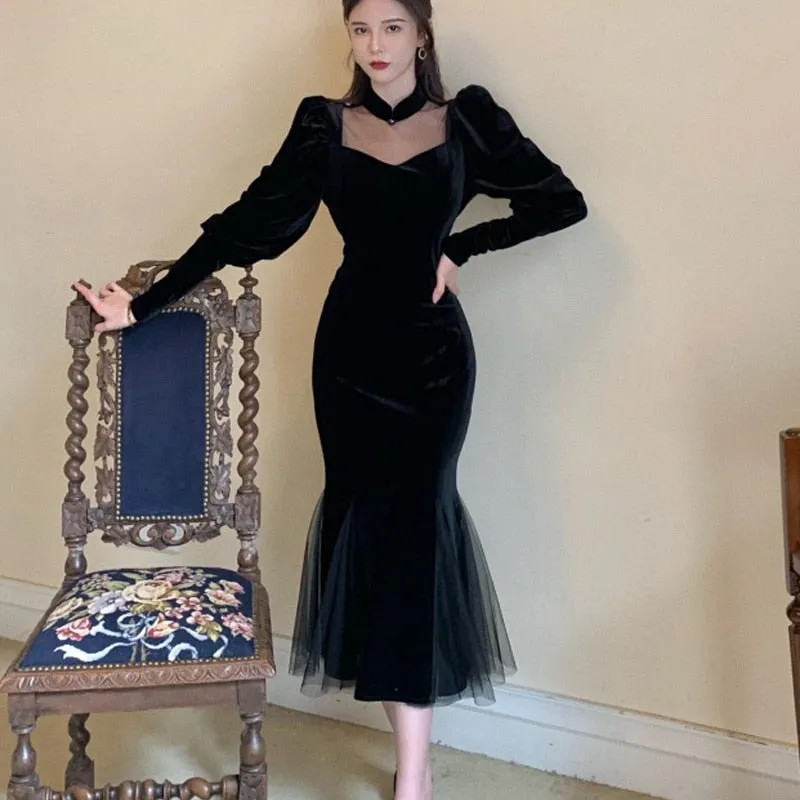 deanwangkt Elegant Mesh Velvet Black Long Dress Women Vintage Gothic Slim Party Dresses Female Winter Sexy Split Hollow Christmas Dress New