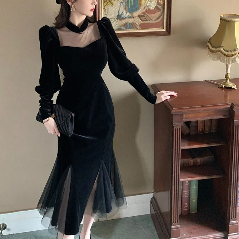 deanwangkt Elegant Mesh Velvet Black Long Dress Women Vintage Gothic Slim Party Dresses Female Winter Sexy Split Hollow Christmas Dress New