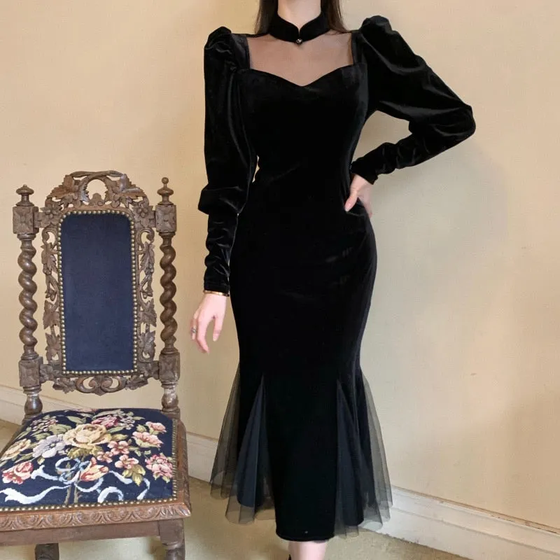 deanwangkt Elegant Mesh Velvet Black Long Dress Women Vintage Gothic Slim Party Dresses Female Winter Sexy Split Hollow Christmas Dress New