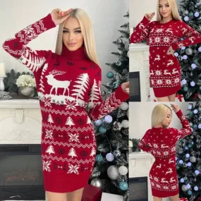 Elk Christmas Tree Jacquard Long Sleeve Sweater Dress