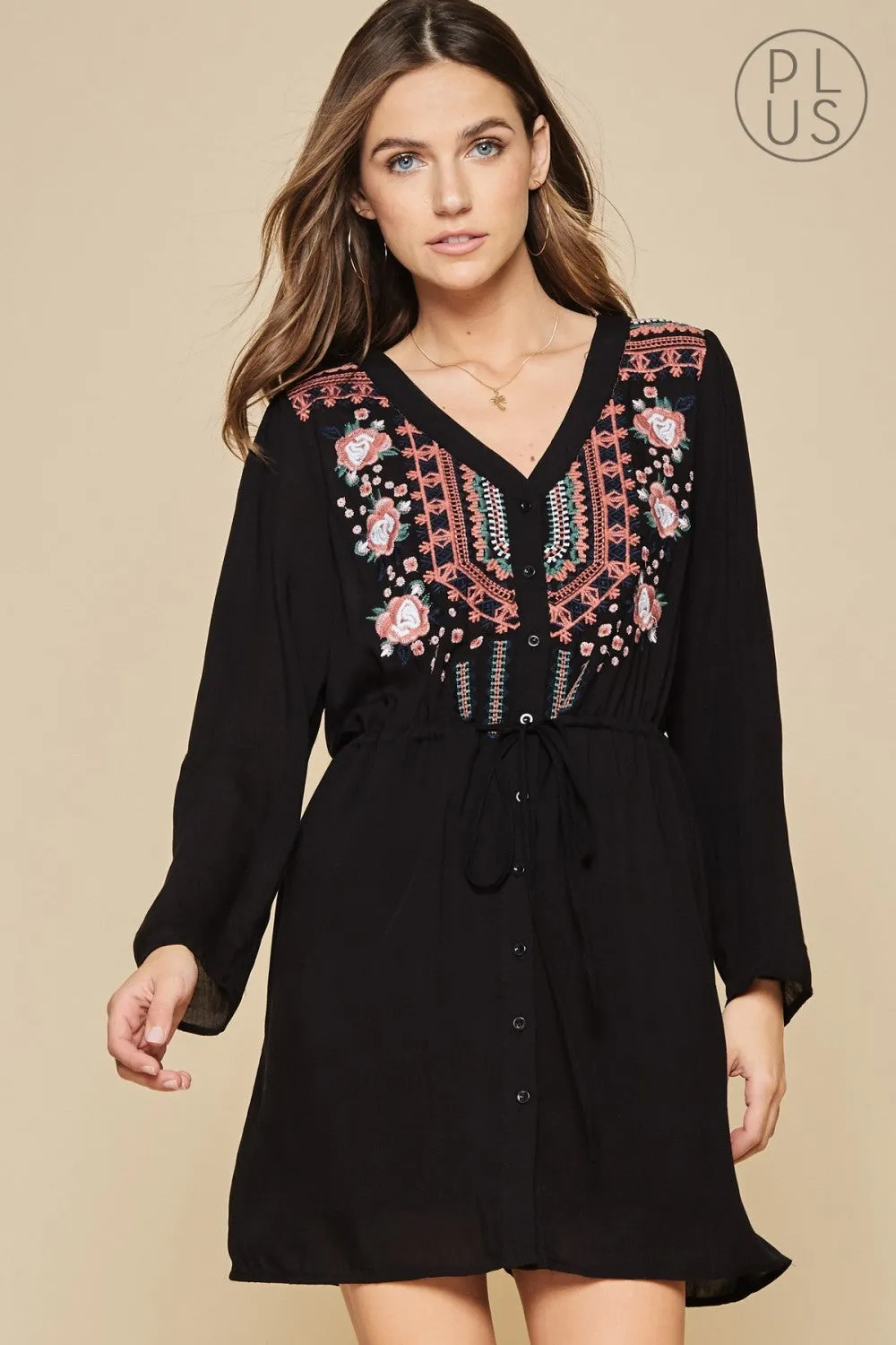 Embroidered Button Up Tunic Dress