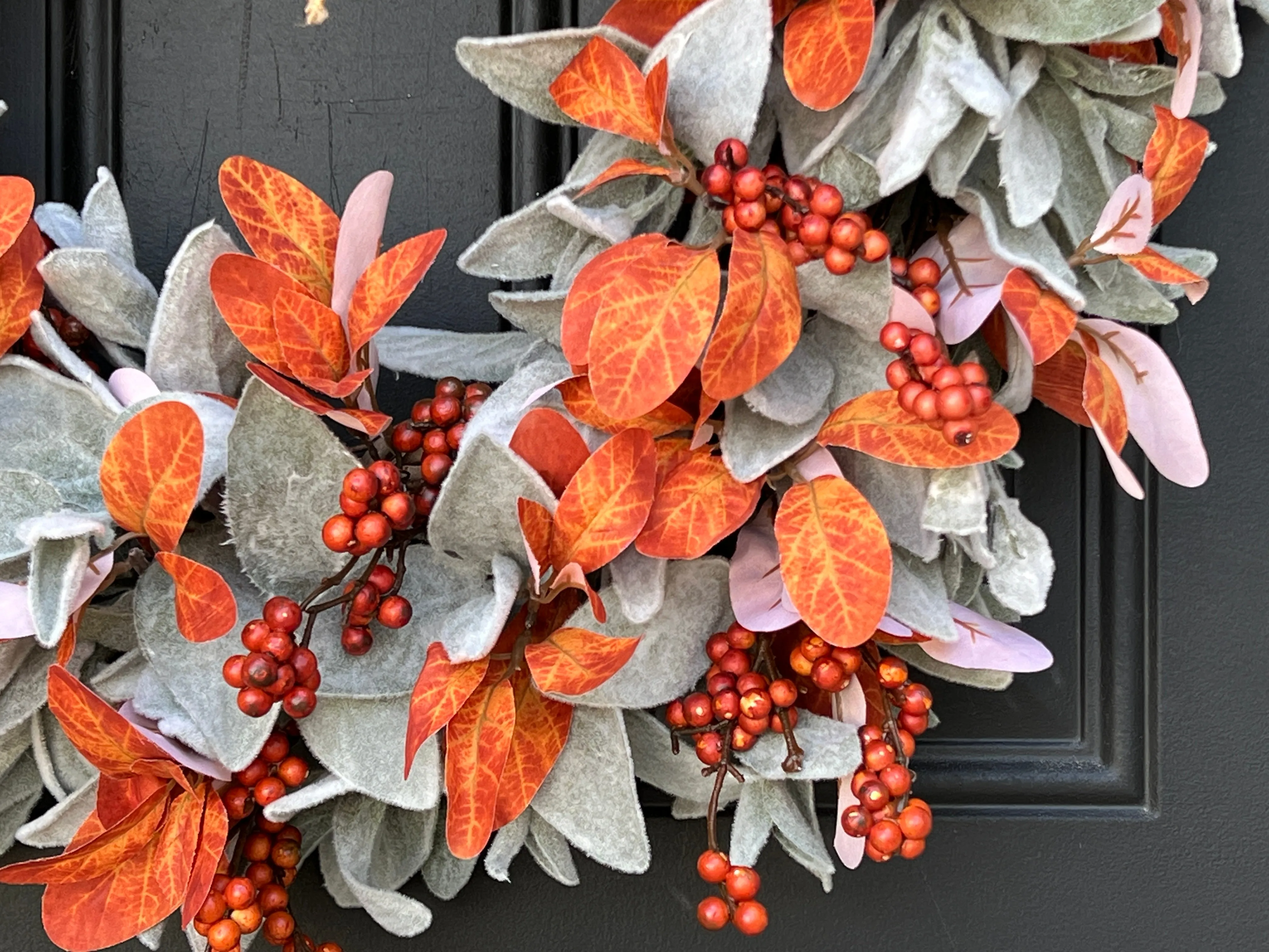 Fall Orange Berry and Lamb's Ear Wreath