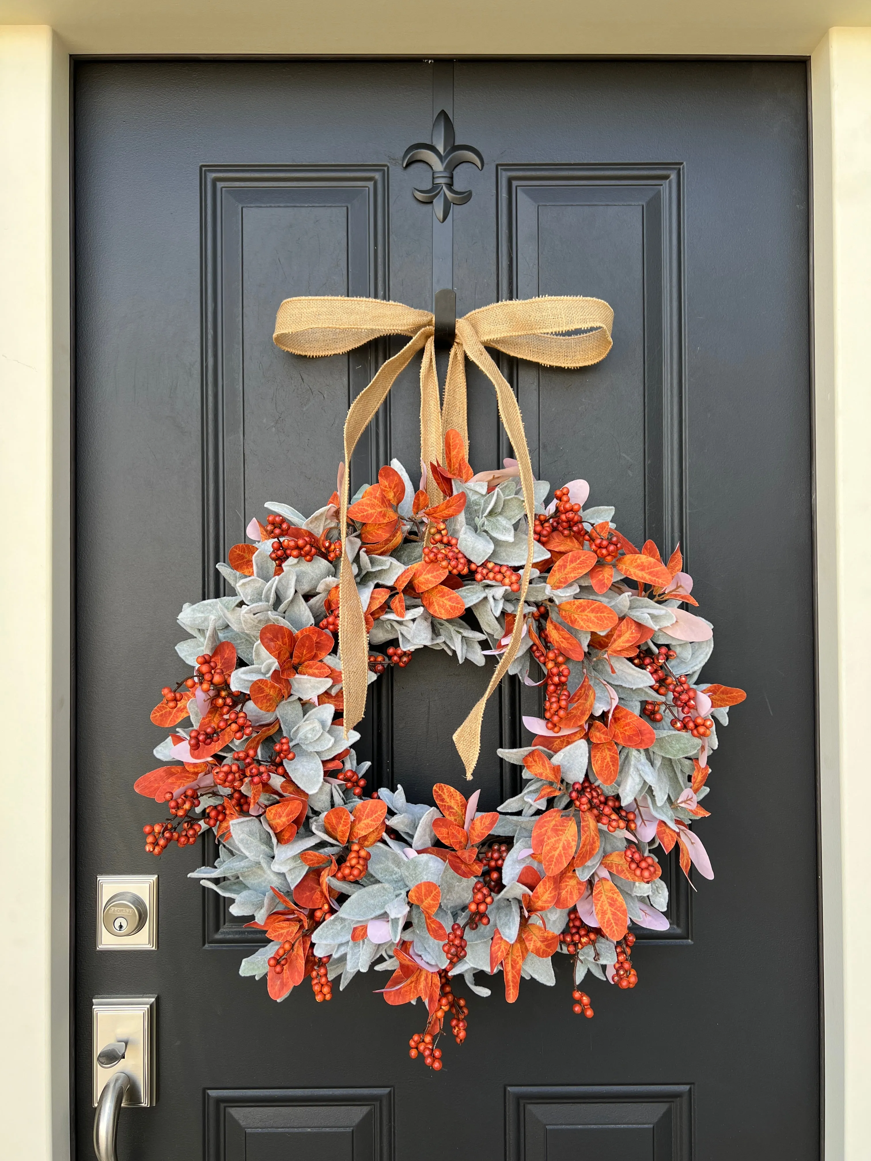 Fall Orange Berry and Lamb's Ear Wreath