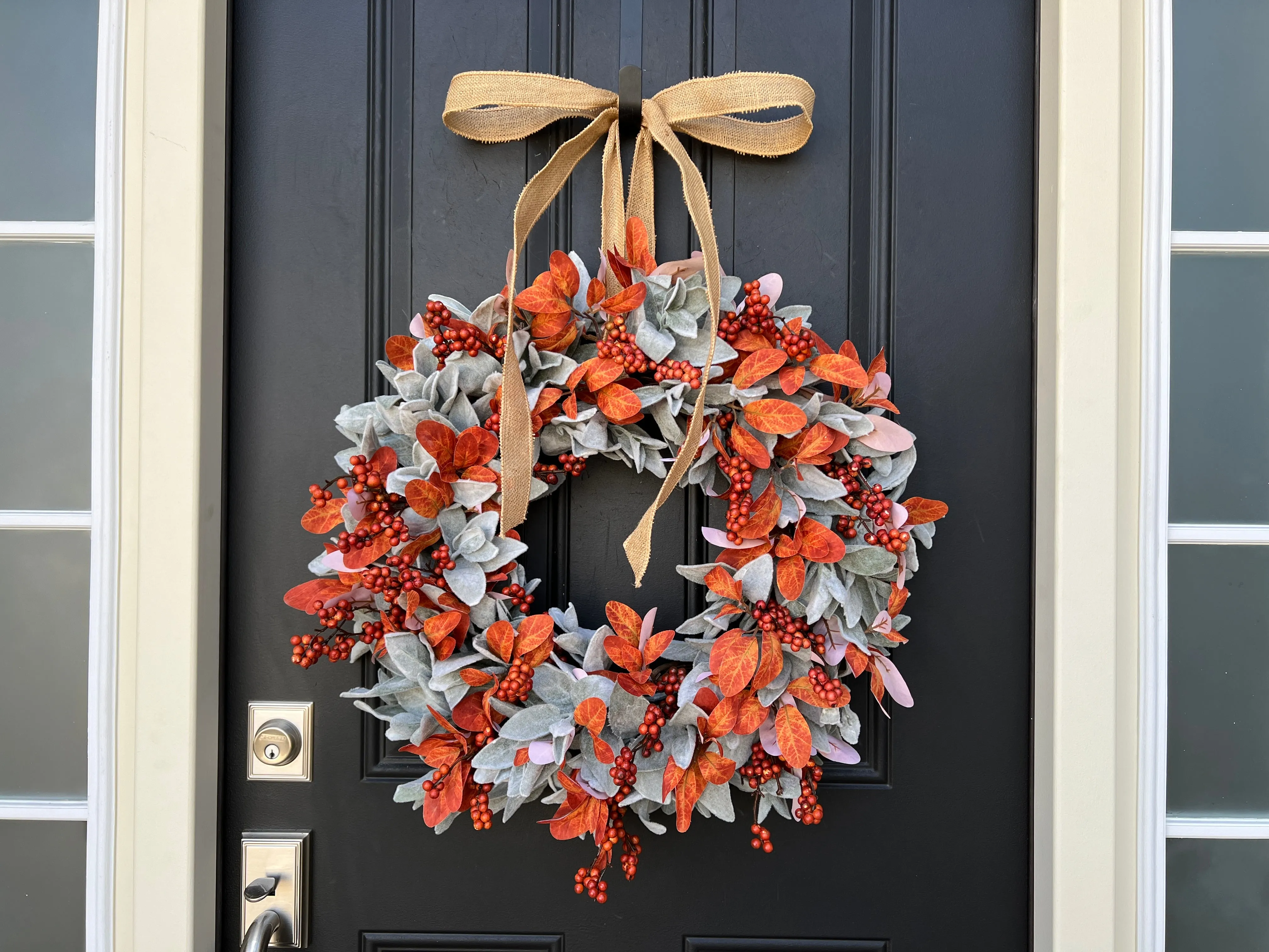 Fall Orange Berry and Lamb's Ear Wreath