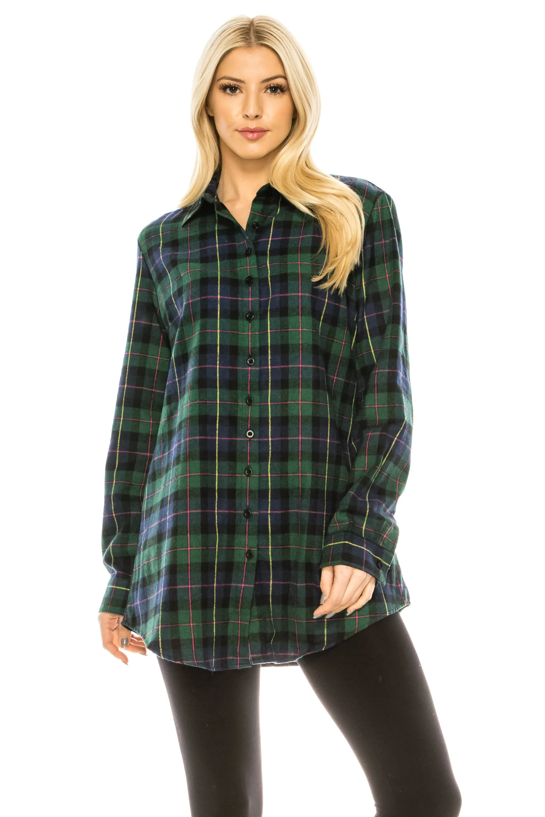 Haute Edition Women's Long Button Down Flannel Tunic Shirt with Plus