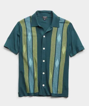 Italian Striped Argyle Button Down Polo Sweater in Storm Green