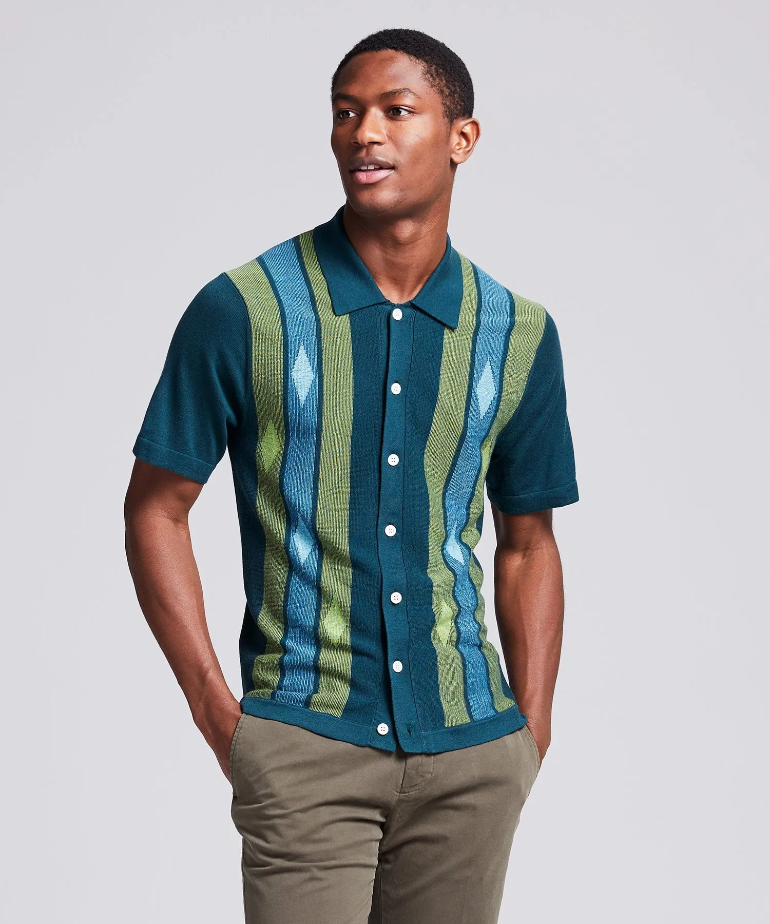 Italian Striped Argyle Button Down Polo Sweater in Storm Green