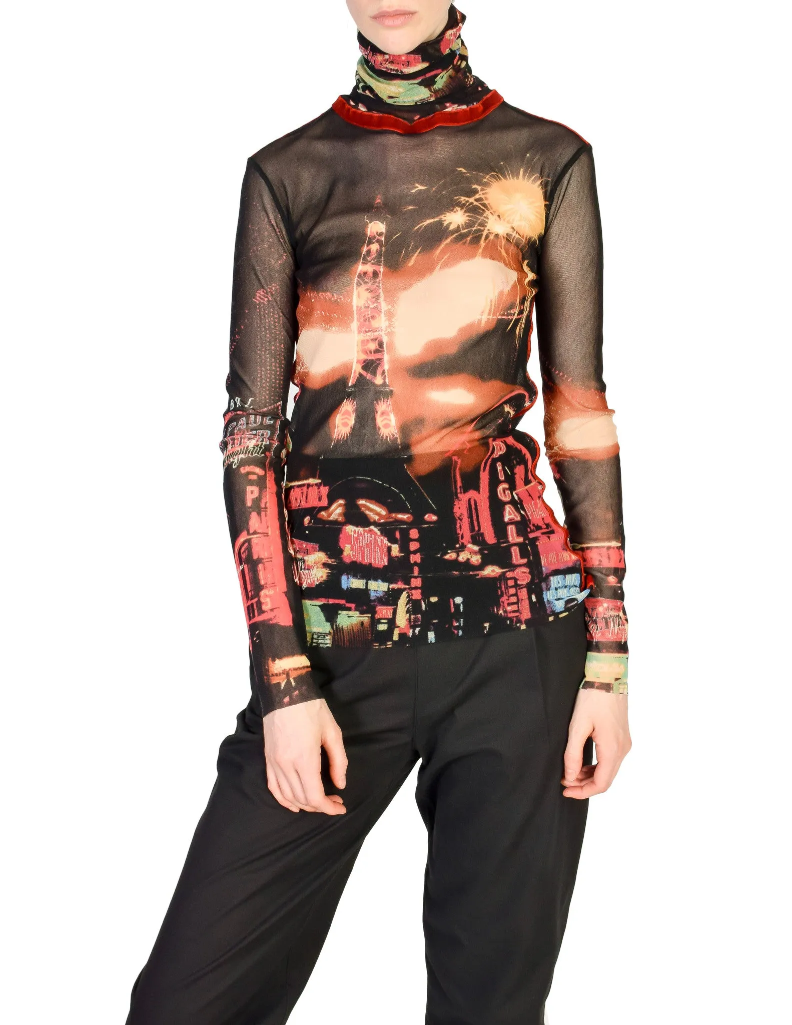 Jean Paul Gaultier Vintage Iconic Sheer Mesh Paris Print Turtleneck Shirt Top