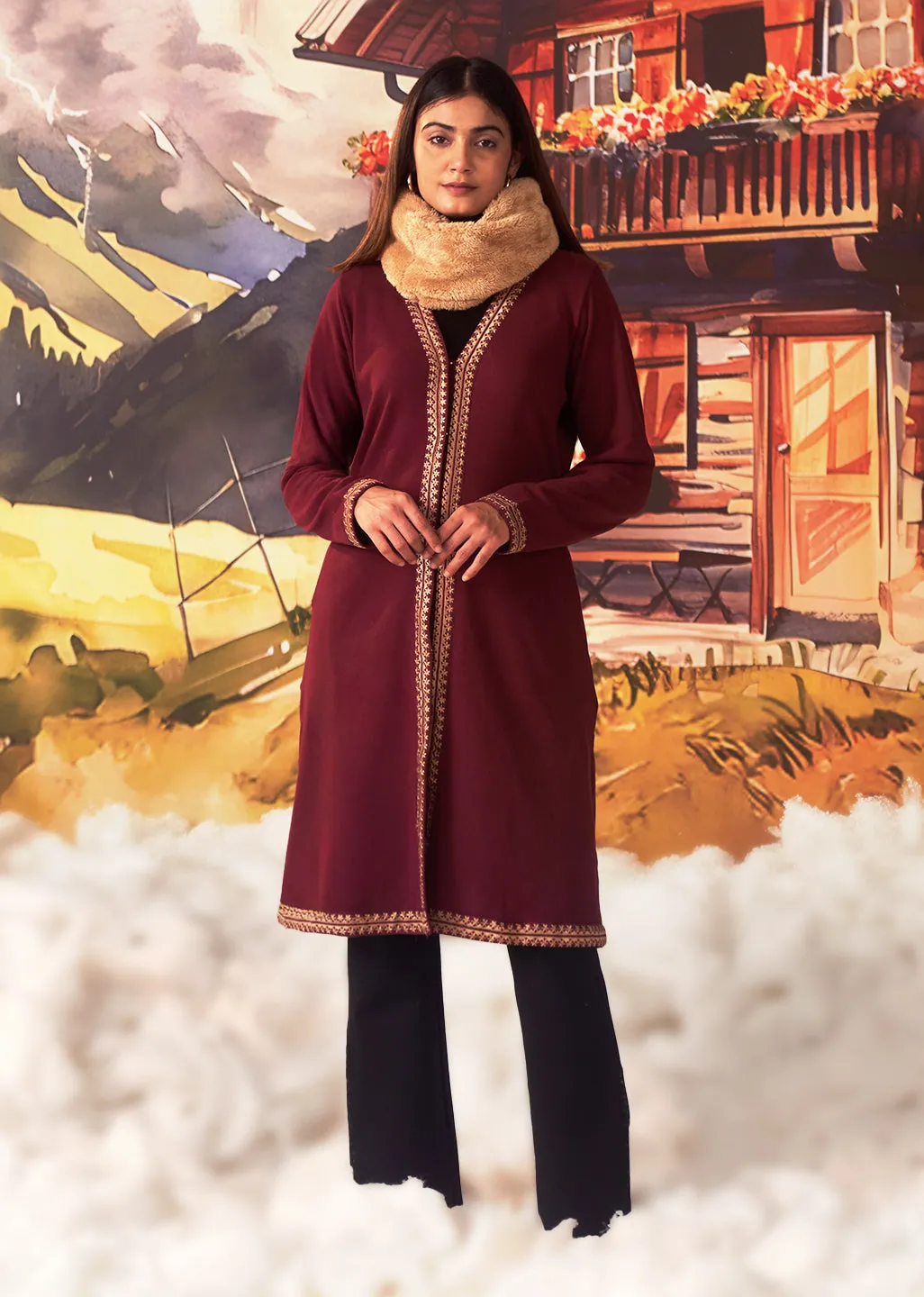 Jia Maroon Embroidered Brushed Wool Shrug for Women