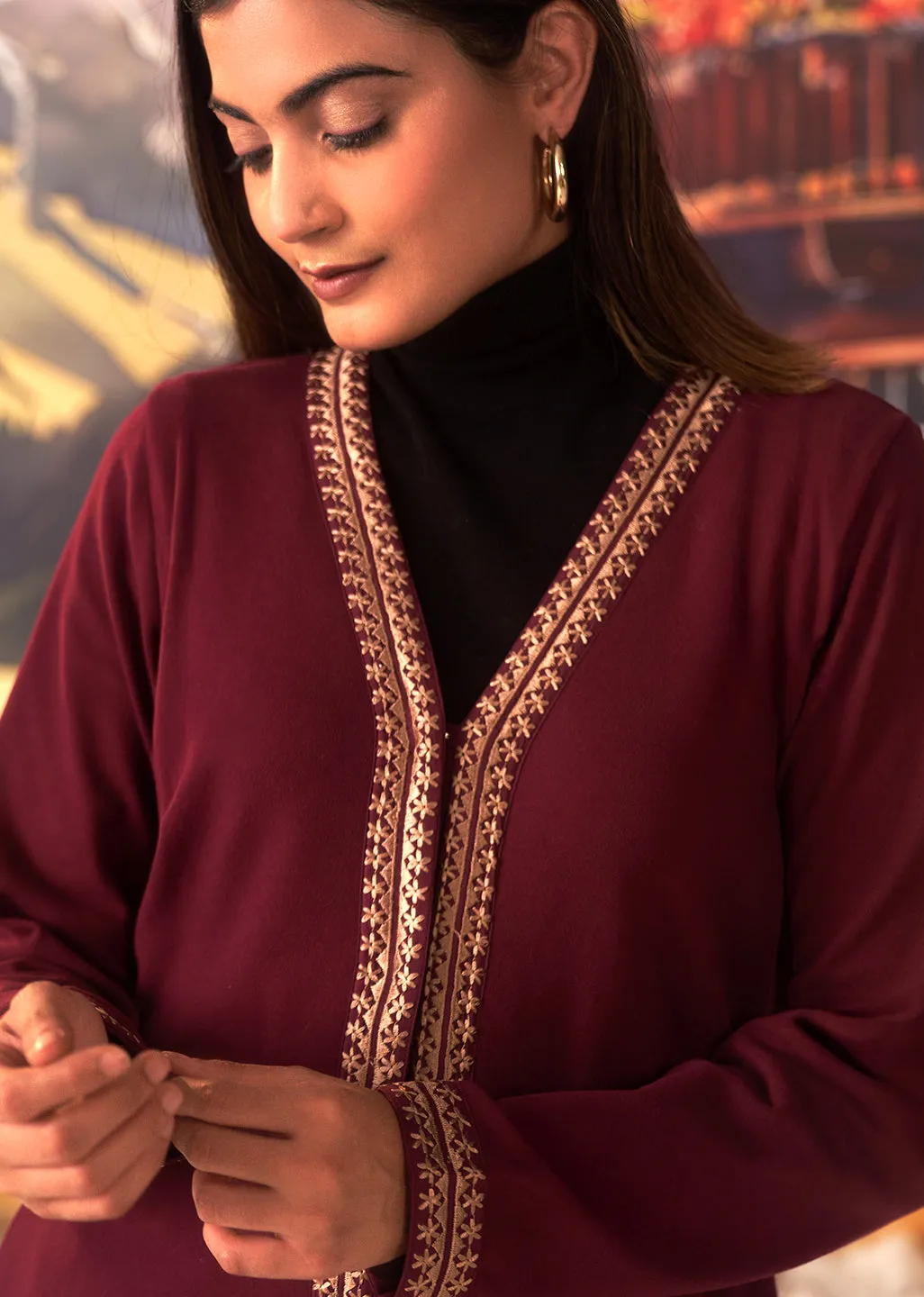 Jia Maroon Embroidered Brushed Wool Shrug for Women