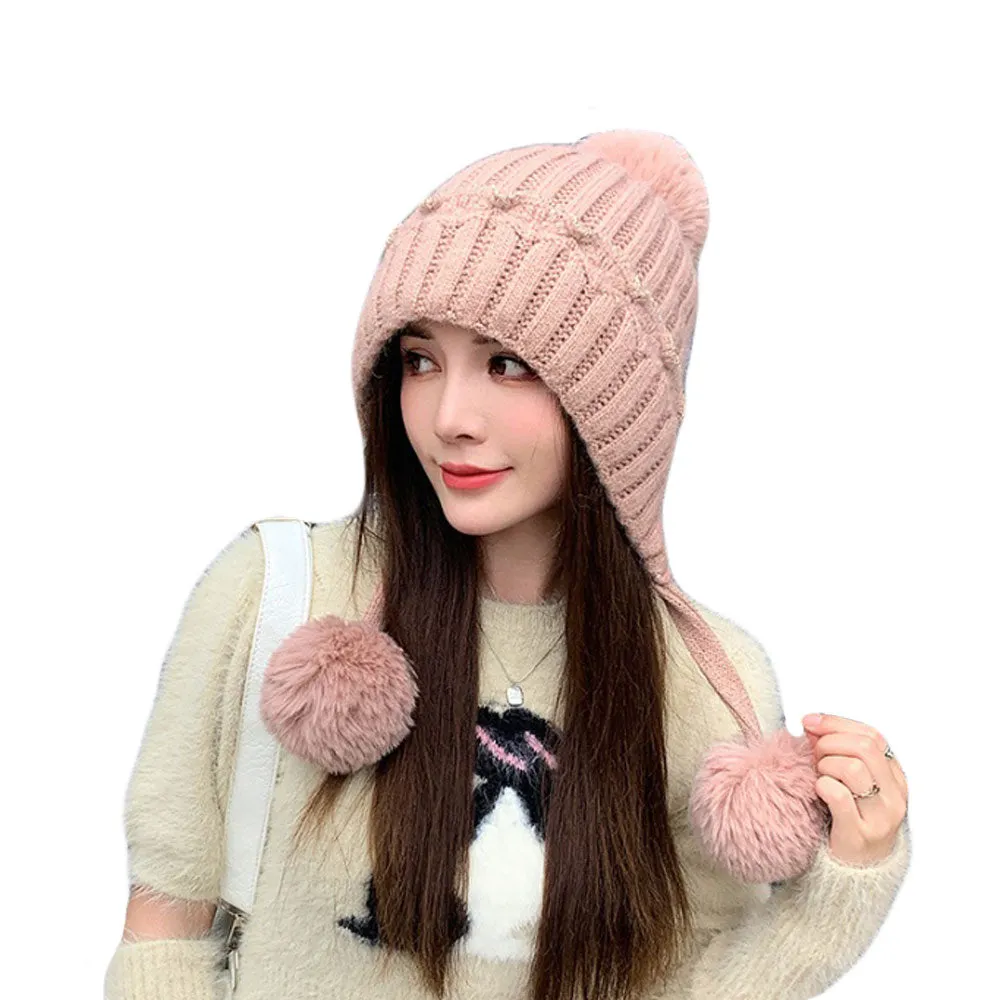 Knit Pom Pom Beanie Hat - Ear Flaps Watch Cap Winter Thick Cable Ski Hat YZ70239