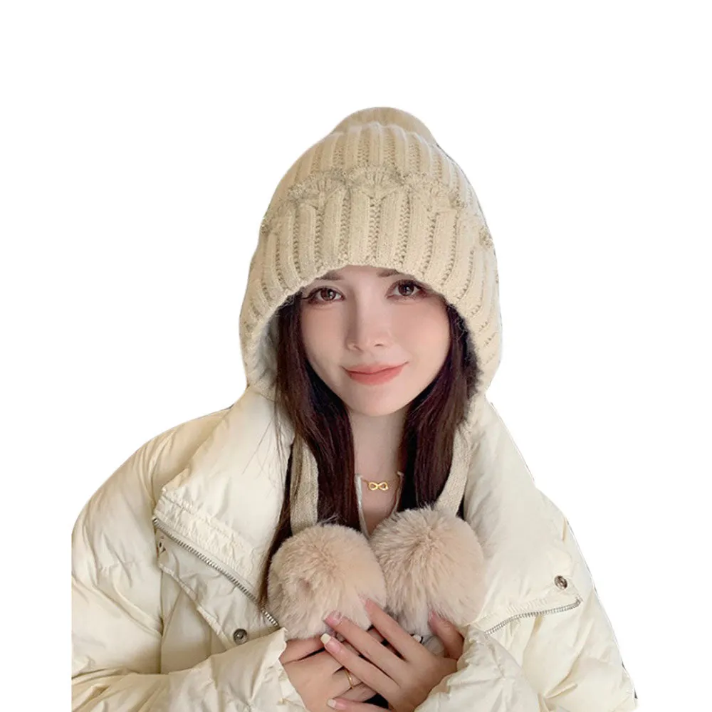 Knit Pom Pom Beanie Hat - Ear Flaps Watch Cap Winter Thick Cable Ski Hat YZ70239