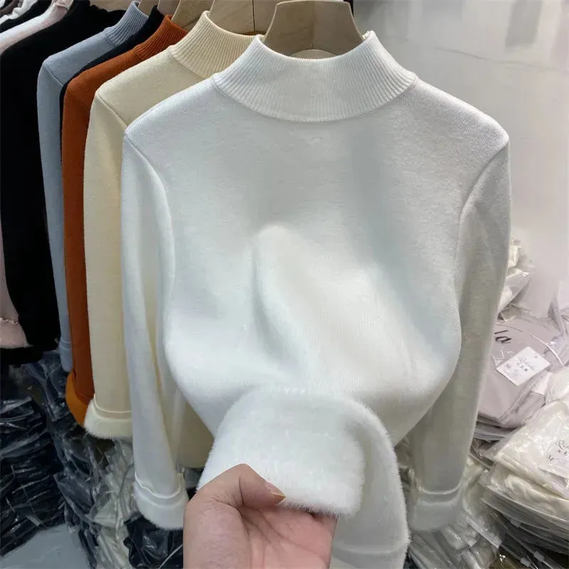 Korean Turtleneck Slim Thicken Knitted Pullovers Woman 2024 Winter Plus Velvet Sweater Casual Fleece Lined Warm Knitwear Tops