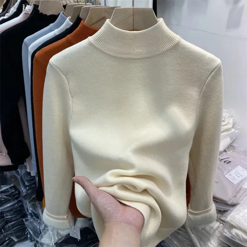 Korean Turtleneck Slim Thicken Knitted Pullovers Woman 2024 Winter Plus Velvet Sweater Casual Fleece Lined Warm Knitwear Tops