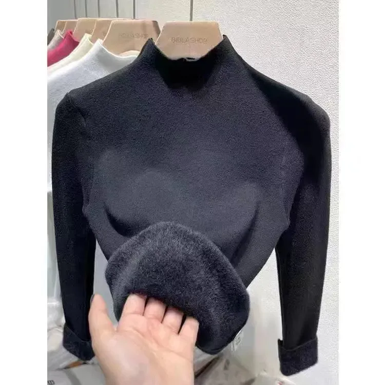 Korean Turtleneck Slim Thicken Knitted Pullovers Woman 2024 Winter Plus Velvet Sweater Casual Fleece Lined Warm Knitwear Tops