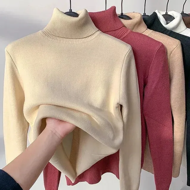 Korean Turtleneck Slim Thicken Knitted Pullovers Woman 2024 Winter Plus Velvet Sweater Casual Fleece Lined Warm Knitwear Tops